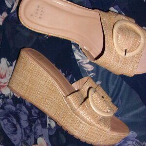 Tan Wedge Sandals with Raffia Texture